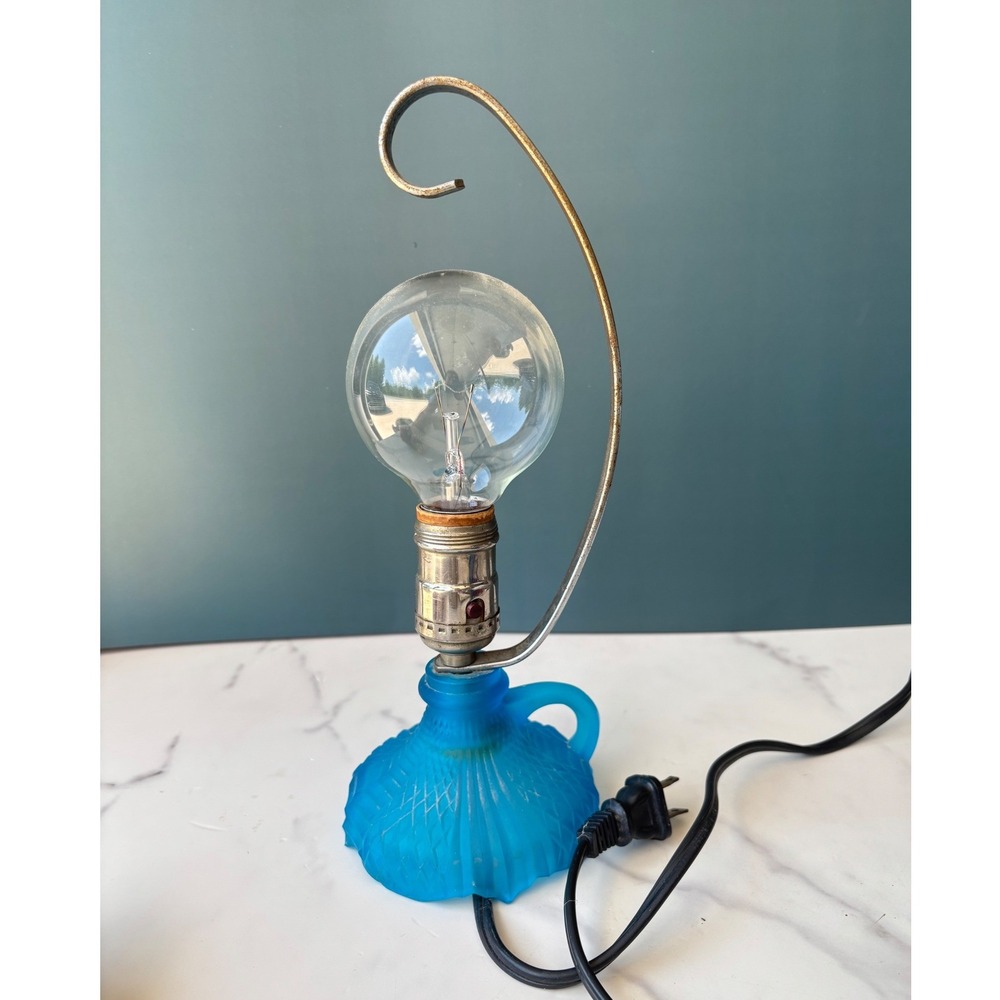 Vintage Blue Frosted Glass Accent Lamp Industrial Metal Arch Steampunk Handled